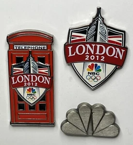 2012 London NBC Olympic Media Pin ~ Lote de 3 ~ Cabina telefónica roja ~ Logotipo del pavo real - Imagen 1 de 9