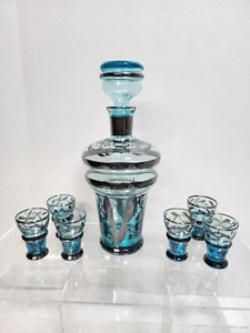 Turquoise Liquor Decanter with Six Glasses Silver Overlay Italy Murano - Picture 1 of 8