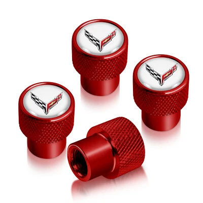 Chevrolet Corvette C8 Logo in White Red Aluminum Tire Valve Stem Caps - Image 1 of 4