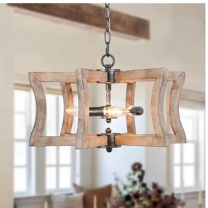 LNC Rustic Circle Wood Island Chandelier, Geometric 3-Light Farmhouse Brown Drum - Picture 1 of 6