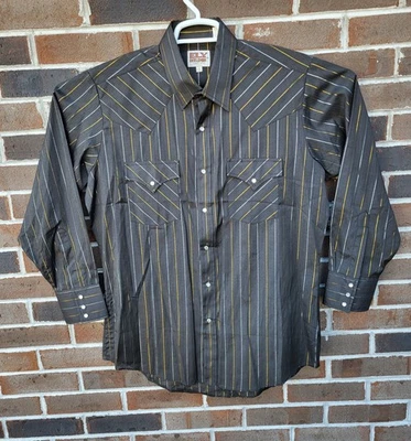 Camisa Ely Cattleman Para Hombres L Negra Dorada Rayas Perla Occidental A Presión Manga Larga Foto 1 de 4