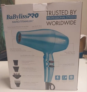 Babyliss Pro- Nano Titanium Hair Dryer - 1875W - Blue - Open Box - 4 Attachments - Picture 1 of 13