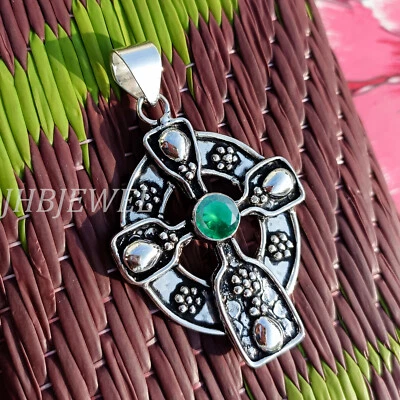 Chrome Diopside Gemstone 925 Sterling Silver Cross Pendant Occasion Gift Jewelry - Image 1 of 4