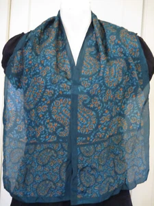 Anne Klein Teal Blue Paisley and Orange Chiffon Lightweight Silk Scarf 50x11 VTG - Picture 1 of 5