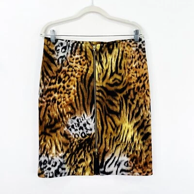 Vtg Cartise Skirt Women 8 Brown Black Leopard Pencil Skirt Scuba Gold Zipper - Image 1 of 4