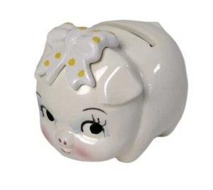 VINTAGE Lefton China Piggy Bank Coin Bank Yellow Bow Pink Cheeks Adorable VGC - Picture 1 of 9