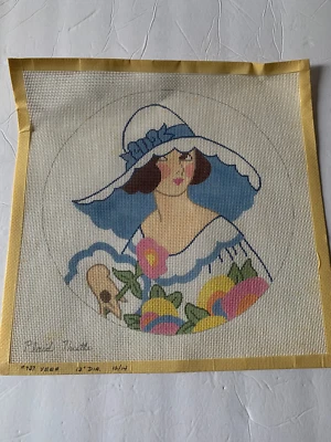 Vintage 70's Lady in Hat Hat VERA Hand Painted  Needlepoint Canvas Plaid Thistle - Image 1 of 3