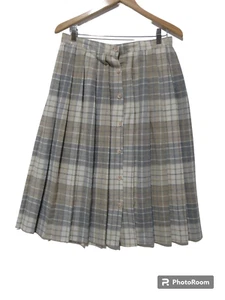 Sz 32 (W29") VTG CHRISTEL Pleated Plaid Grey Midi Skirt WOOL/POLY USA Button Up - Picture 1 of 11