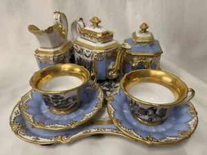 19thc. Old Paris Porcelain Style Blue & Gold 8-Pc TEA SET for TWO w/Landscape - Picture 1 of 18
