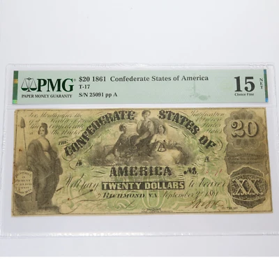 1861 PMG Choice F15 NET CONFEDERATE STATES OF AMERICA $20 Note T17 #47021F - Image 1 of 2