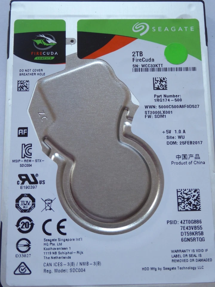 ST2000LX001 SN: WCC PN: 1RG174-500 FW: SDM1 WU 25 FEB 2017 Seagate Firecuda 2TB - Bild 1 von 1