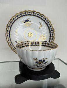 Antique 18thC Caughley Fluted Tea Bowl/Cup & Saucer c1775 - Blue + Gilt
