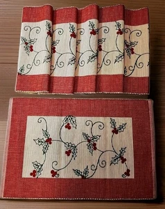 New VTG Dansk Christmas 6 Placemats Holly Berry Embroidered Red Green White  - Picture 1 of 3