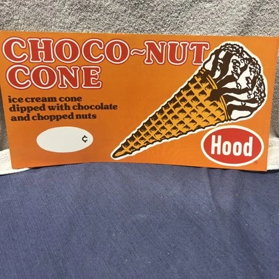 RARO/de colección años 60 Hood's Dairy Choc-O-Nut Ice Cream Cone letrero de tienda 14x7 pulgadas Foto 1 de 2