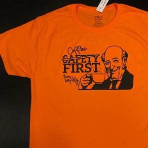 COFFEE FIRST THEN SAFETY T-SHIRT funny gift quote humor orange black UNISEX MED - Picture 1 of 3