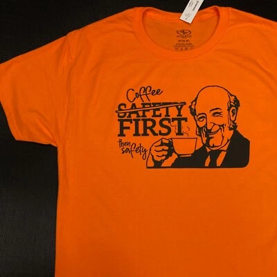 COFFEE FIRST THEN SAFETY T-SHIRT funny gift quote humor orange black UNISEX MED - Image 1 of 3