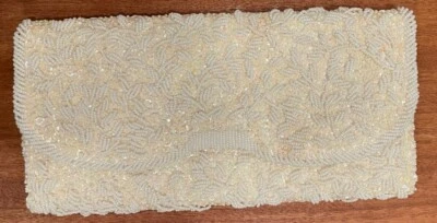 Vintage White Ivory Beaded Sequin Clutch Purse Hand Bag Hong Kong Snap - Image 1 of 4
