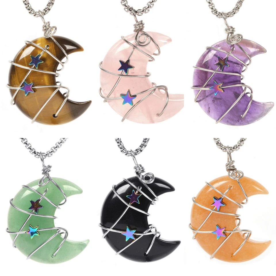 35mm Crystal Reiki Crescent Moon Wire Wrapped Star Charm Pendant & Necklace 22" - Image 1 of 1