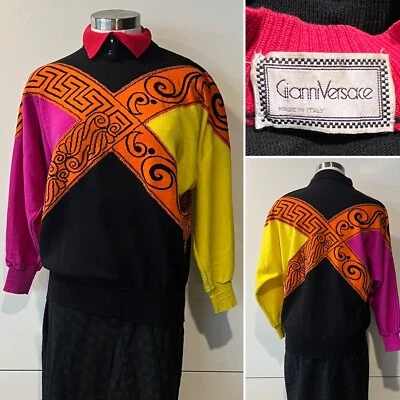 GIANNI VERSACE 80s-90s Pure New Wool Black/Brights Intarsia Knitted Sweater M - Image 1 of 4
