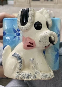 VINTAGE MID-20th CENTURY HAND PAINTED CERAMIC TERRIER PUPPY PLANTER - JAPAN - Picture 1 of 11