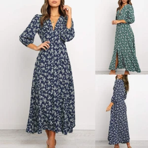 Frauen Dame Boho Kimono Ärmel Floral Lange Maxi Kleid Sommer Strand Kleid ≌ - Picture 1 of 15