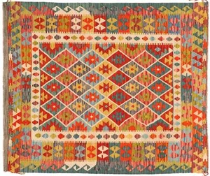 Maimana Kelim Teppich 160x190 Handgewebt grau Geometrisch Handarbeit - Picture 1 of 9