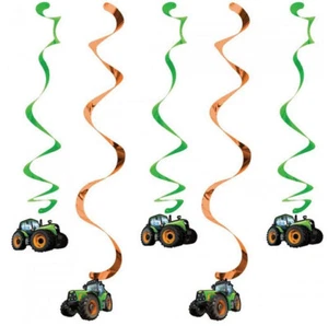 GREEN TRACTOR like Deere Happy Birthday foil HANGING SWIRL DECORATIONS farm 5pcs - Picture 1 of 2