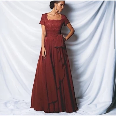 Alyce Paris Black Label 29264 Square Neck Lace And Chiffon Gown Burgundy Size 14 - Image 1 of 4