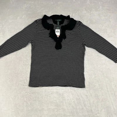 Top LRL Ralph Lauren Negro y Blanco Rayas Botón Delantero Cuello en V Volantes Talla L Nuevo con Etiquetas Foto 1 de 4