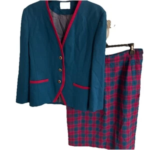 Vintage Pendleton 2 pezzi tuta lana blu acqua 8 blazer giacca e quadri 12 gonna foderata - Foto 1 di 7
