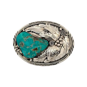 Lucinda Yazzie, Hebilla, Turquesa Kingman, Plata de Ley, Navajo Hecho a Mano, 3" - Imagen 1 de 3