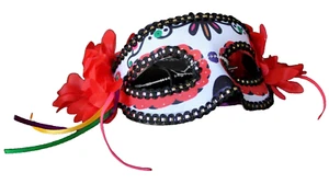 Day of The Dead DOD Red Half Mask Women Gothic with Flowers Laces and Skulls - Picture 1 of 1