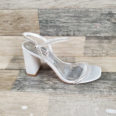 Badgley Mischka Firey Womens Sandals Sz 8 Block Heel White Bejeweled Ankle Strap - Image 1 of 4