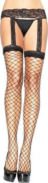 Black Fishnet Stockings attached faux suspender belt One Size 4ft 11" - 5ft 9"  — 第 1/4 张图片