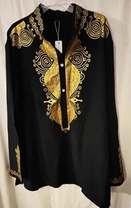 Jia Bing Men’s African Gilding Swirl Split Neck Shirt XL Black Gold - Picture 1 of 11