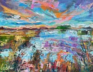 Colorful Sunset Over a Lake Nature Landscape Oil Painting on Canvas 14x18 inches - Picture 1 of 10