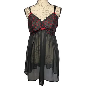 Cacique Black Sheer Babydoll Sleep Wear Heart Pattern Size 14/16 100% Polyester - Picture 1 of 7