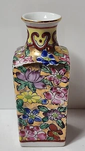 Japanese Porcelain 3.5" Vase Asian Floral Hand Painted Flowers Square - Picture 1 of 8