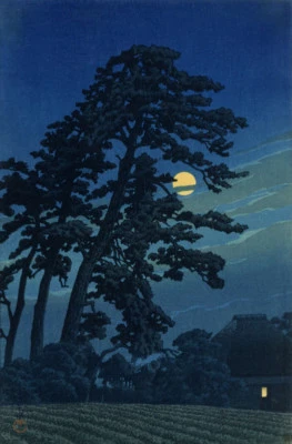 HANGA HARBOR Japanese Art Woodblock Print "Full Moon in Magome" KAWASE HASUI Shin Hanga