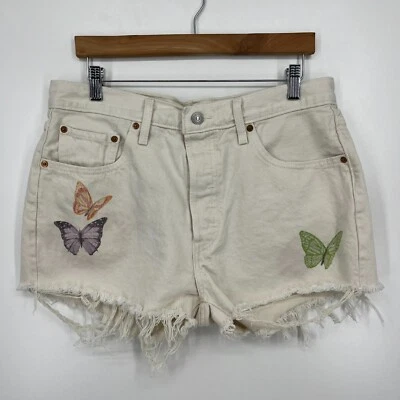 Pantalones cortos de mezclilla para mujer Levi's 32 blancos 501 tiro alto estampado gráfico mariposa Foto 1 de 4