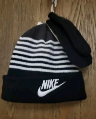 Nike Toddler Boys Striped Hat and Mittens 2 Piece Set Black White Gray 12/24M - Image 1 of 4