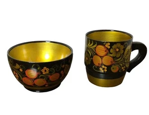 Soviet Russian Khokhloma Hand Painted Wooden Lacquer Cup & Bowl Olives USSR 3” - Picture 1 of 6