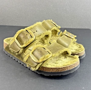 Birkenstock Arizona Big Buckle Shearling Sandals Women’s US 4.5 EU 35 Olive Gold - Picture 1 of 9