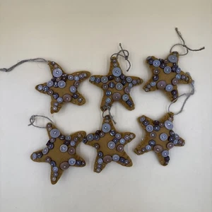 Set/6 Gold Felt Stars With Wooden Buttons Christmas Ornaments Folk Art Primitive - Picture 1 of 8