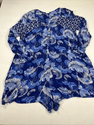 Womens Roxy Sz Large Blue Floral Romper Plunge Long Sleeve Cottage Core - Image 1 of 4