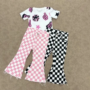 Girls Casual Sport Team Pink Short Sleeve Top With Checked Flared Jeans Set - Picture 1 of 7