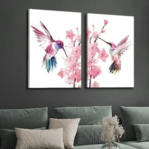 Lienzo arte de pared acuarela abstracta colibrí y flor de cerezo 2 piezas sin marco - Imagen 1 de 6