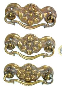 BEAUTIFUL SET X3 ART NOUVEAU CHEST DRAWERS PULL HANDLES BRASS PRE 1910 - Picture 1 of 4