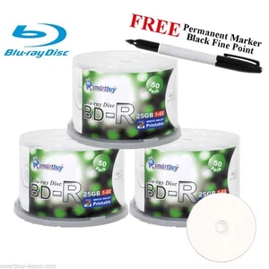 150 Smartbuy White Inkjet Printable 6X BD-R 25GB Disc + Black Permanent Marker - Picture 1 of 3