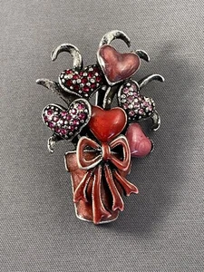 Vintage Rhinestone Heart Flower Bouquet Pin Pink Enamel Silver Tone Glass Used - Picture 1 of 4